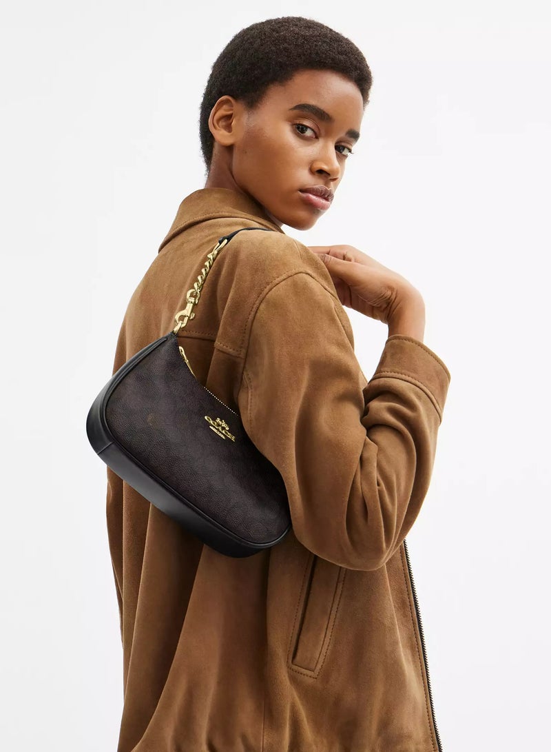 كوتش اوت ليت حقيبة كتف نسائية من Coach Teri مصنوعة من قماش مميز، حقيبة يد نسائية، حقيبة هوبو نسائية، حقيبة توت نسائية، حقيبة سفر نسائية، لون الجوز الأسود 24 سم - Image 2